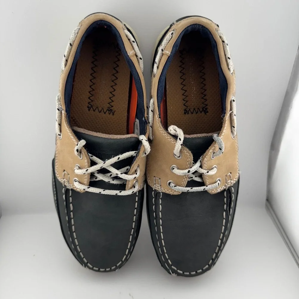 Rockport Works Boat Shoes Mens 8.5W Navy Tan Steel Toe Leather RK670 Safety Shoe